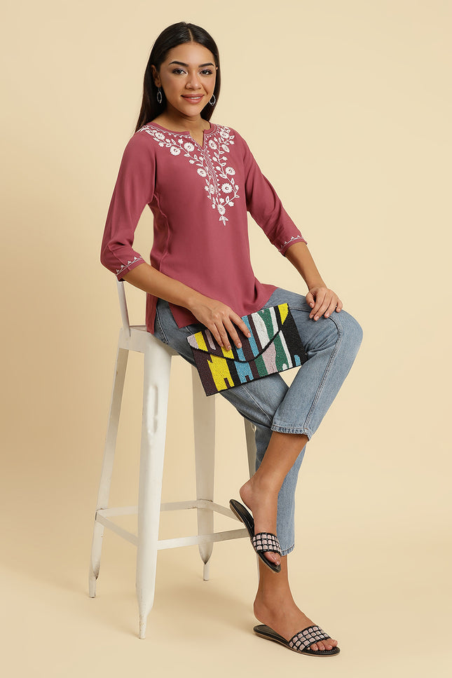 Light Wine Silk Short Kurti For Women