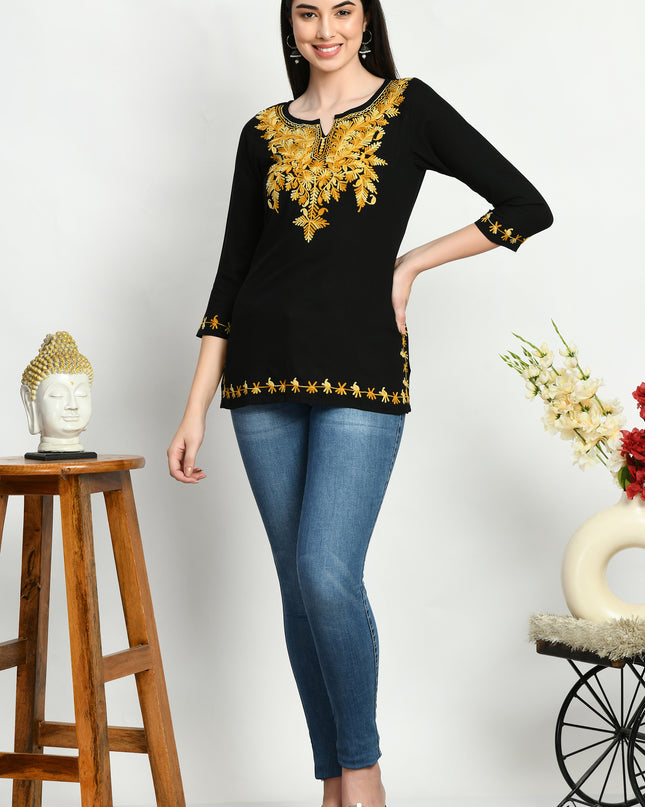 Black Kerry Aari Short Kurti For Women