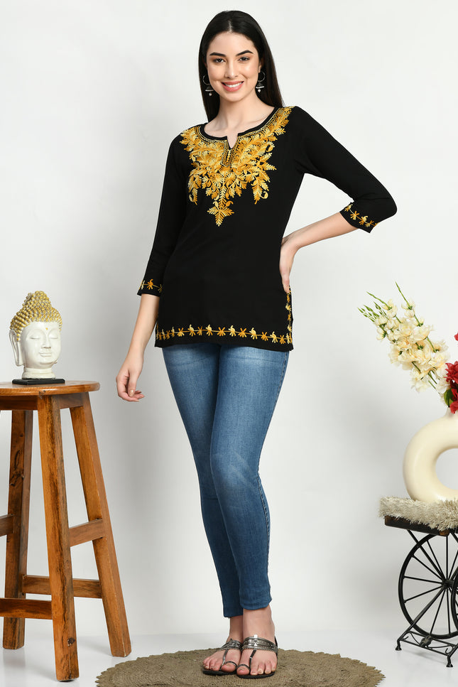 Black Kerry Aari Short Kurti For Women