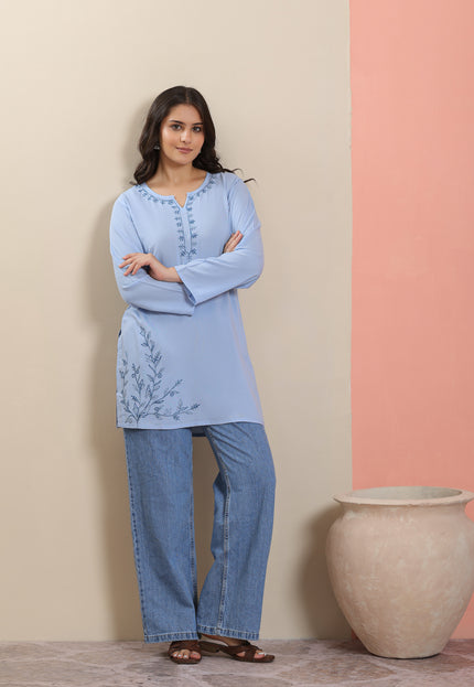 Qazmi Women's Aari Embroidered Pure Cotton Short Kurta