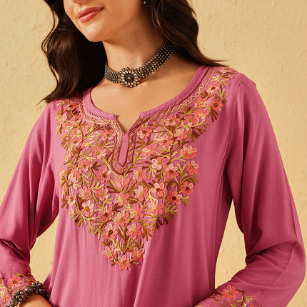 Qazmi Women's Huma Kashmiri Aari Work Keyhole Neck Pink Straight Kurta