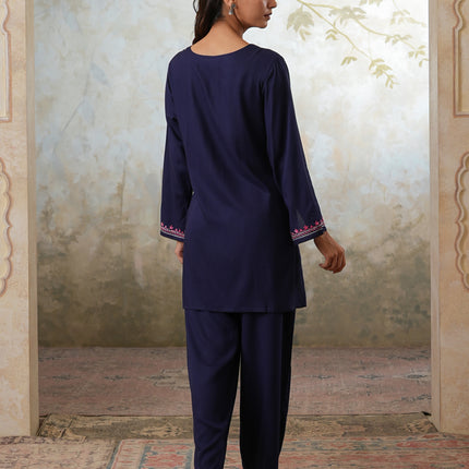 Qazmi Women's Kashmiri Aari Work Navy Blue CoOrd Set