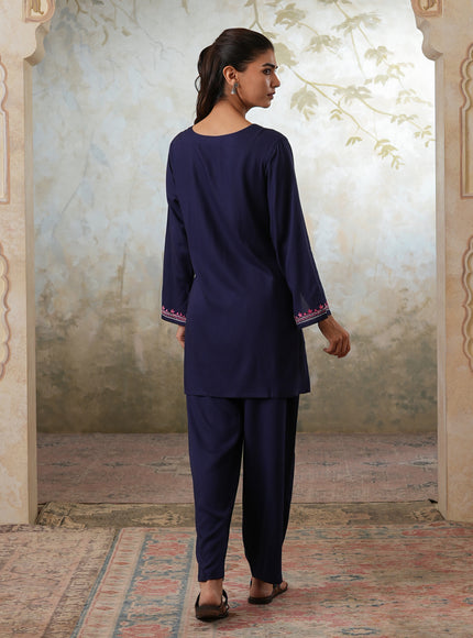 Qazmi Women's Kashmiri Aari Work Navy Blue CoOrd Set
