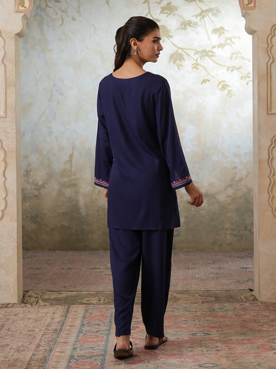 Qazmi Women's Kashmiri Aari Work Navy Blue CoOrd Set