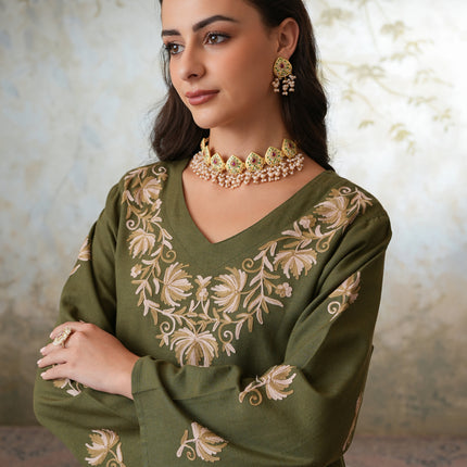 Qazmi Women's Kashmiri Chinarkari Work Olive Green CoOrd Set