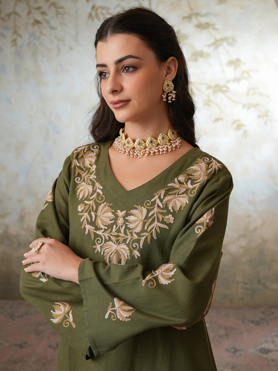 Qazmi Women's Kashmiri Chinarkari Work Olive Green CoOrd Set