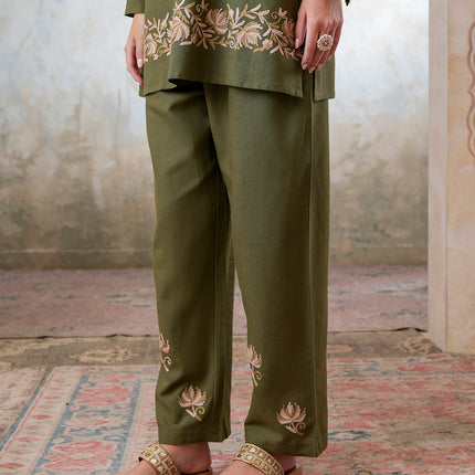 Qazmi Women's Kashmiri Chinarkari Work Olive Green CoOrd Set