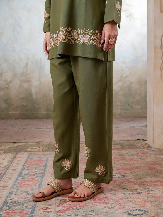 Qazmi Women's Kashmiri Chinarkari Work Olive Green CoOrd Set