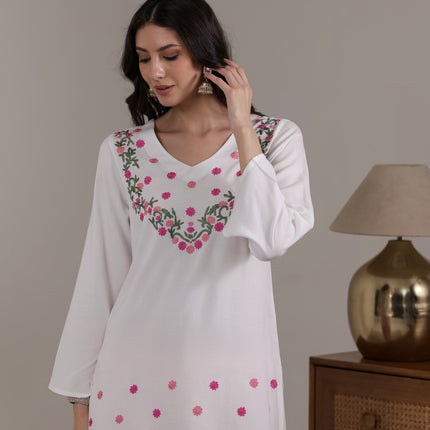 Qazmi Women's Aari Embroidered Viscose Rayon Full Sleeves Straight Kurti