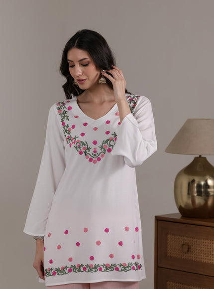 Qazmi Women's Aari Embroidered Viscose Rayon Full Sleeves Straight Kurti