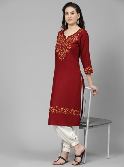 Maroon A-Line Aari Long Kurti For Women