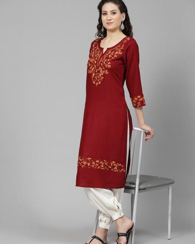 Maroon A-Line Aari Long Kurti For Women