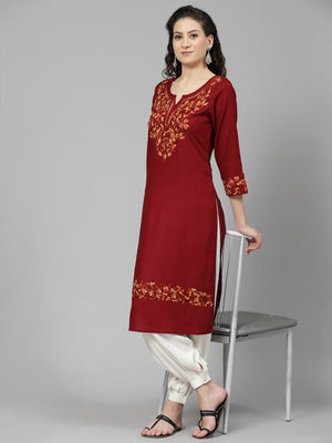 Maroon A-Line Aari Long Kurti For Women