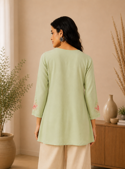 Qazmi Women's Kashmiri A-Line Light Pink Kurti