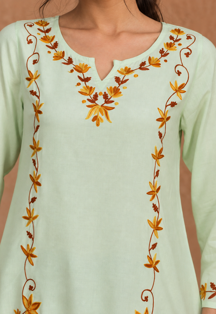 Qazmi Women Kashmiri Aari Embroidered A-Line Viscose Rayon Short Kurti with Full Sleeves
