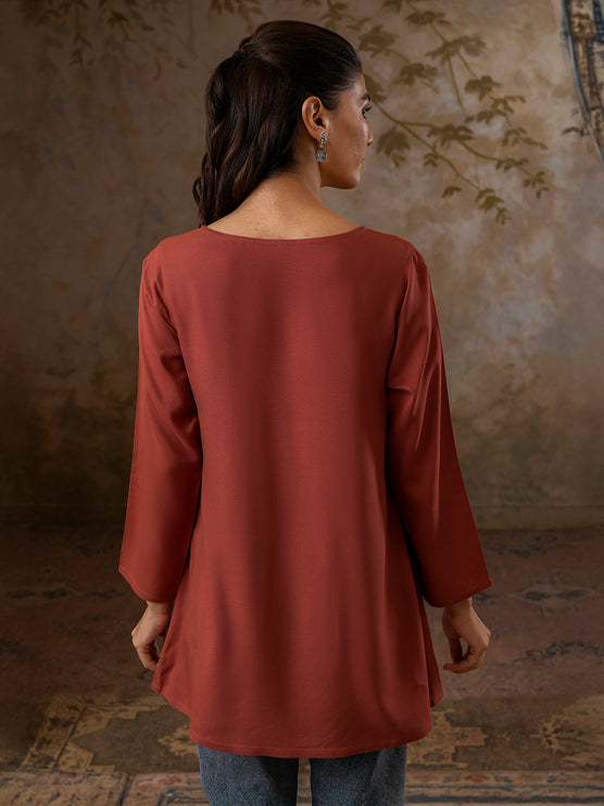 Qazmi Women's Azra Kashmiri A-Line Full Sleeves Viscose Rayon Short Kurti