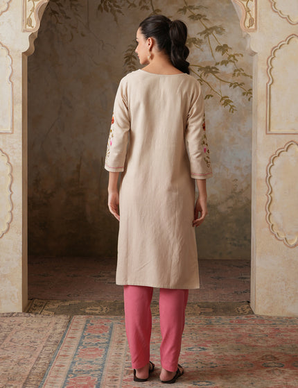 Qazmi Women's Zaynab Kashmiri Aari Work Cotton Linen Olive Green Kurta
