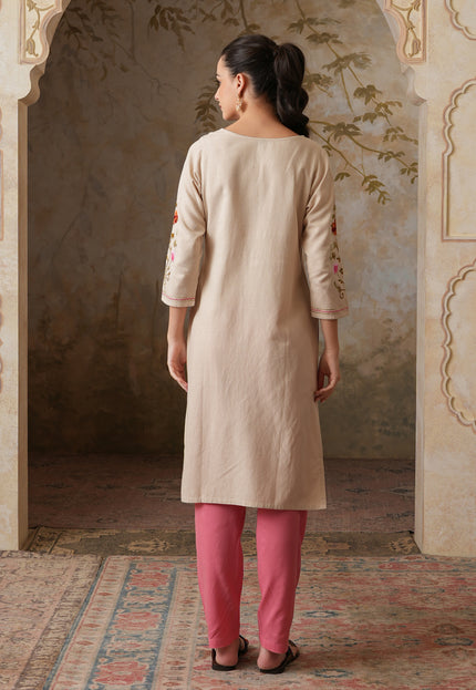 Qazmi Women's Zaynab Kashmiri Aari Work Cotton Linen Olive Green Kurta