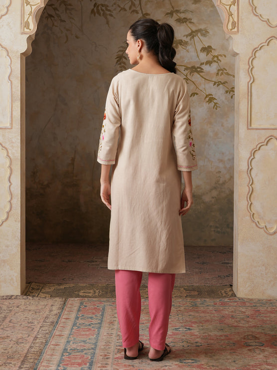 Qazmi Women's Zaynab Kashmiri Aari Work Cotton Linen Olive Green Kurta