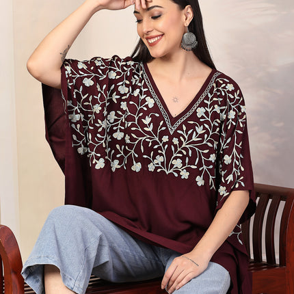 QAZMI Sheen V-Neck Flared Sleeves Kashmiri Aari Work Kaftan Kurti