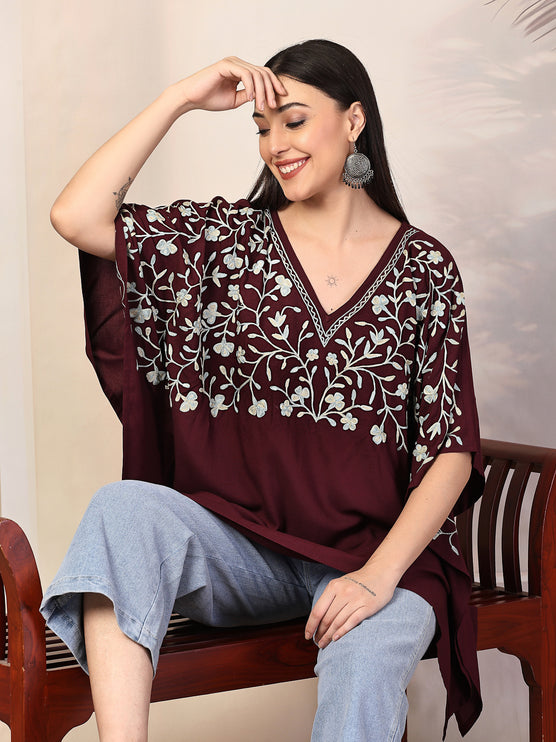 QAZMI Sheen V-Neck Flared Sleeves Kashmiri Aari Work Kaftan Kurti