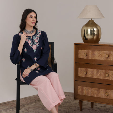 Qazmi Women's Aari Embroidered Pure Cotton Short Kurta