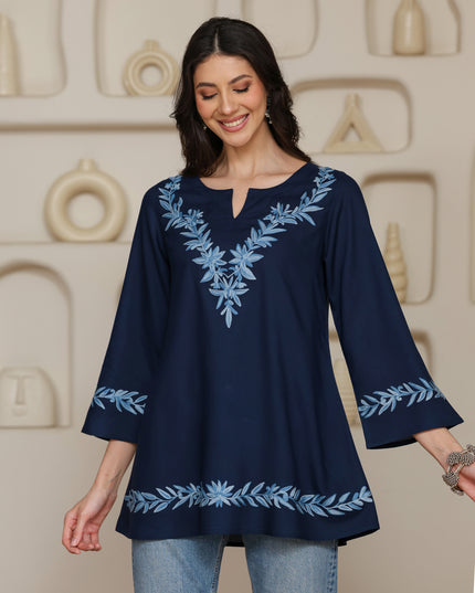 Qazmi Women Kashmiri Aari Embroidered Viscose Rayon A-Line Short Kurti with Bell Sleeves