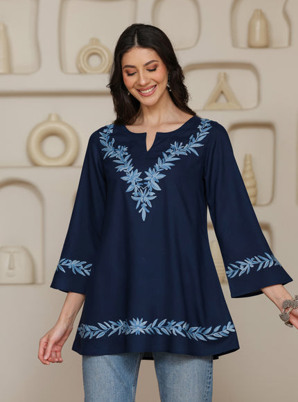 Qazmi Women Kashmiri Aari Embroidered Viscose Rayon A-Line Short Kurti with Bell Sleeves