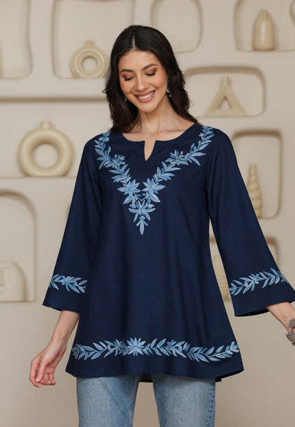 Qazmi Women Kashmiri Aari Embroidered Viscose Rayon A-Line Short Kurti with Bell Sleeves