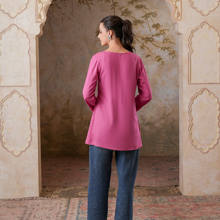 Qazmi Women's Kashmiri A-Line Full Sleeves Viscose Rayon Black Flared Short Kurti