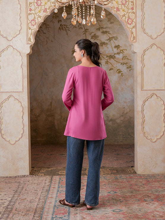 Qazmi Women's Kashmiri A-Line Full Sleeves Viscose Rayon Black Flared Short Kurti