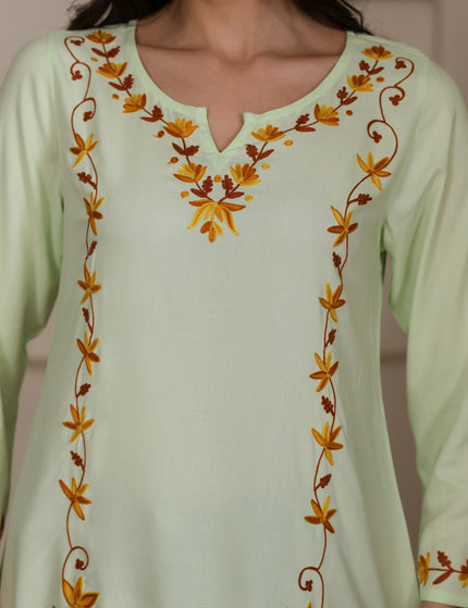 Qazmi Women Kashmiri Aari Embroidered A-Line Viscose Rayon Short Kurti with Full Sleeves