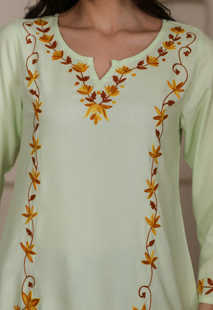 Qazmi Women Kashmiri Aari Embroidered A-Line Viscose Rayon Short Kurti with Full Sleeves
