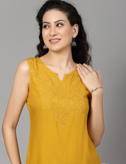 Mustard Self Sleeveless Aari Short Kurti For Women