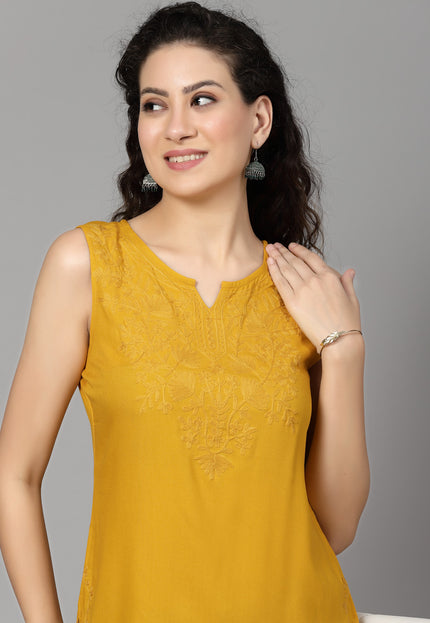 Mustard Self Sleeveless Aari Short Kurti For Women