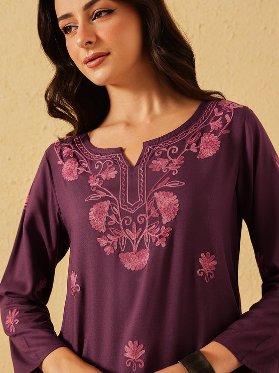 QAZMI Zayesha Kashmiri Aari Embroidered A-Line Flared Kurti