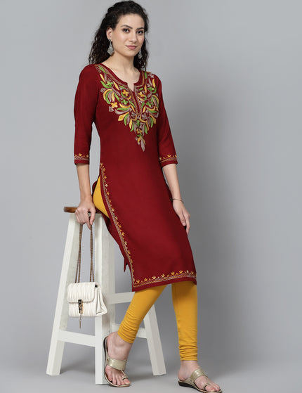 Maroon Multi-Design Aari Long Kurti For Women
