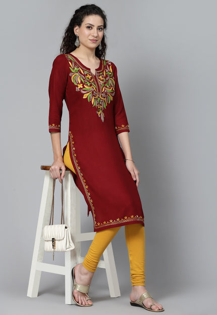Maroon Multi-Design Aari Long Kurti For Women