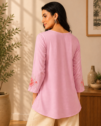 Qazmi Women's Kashmiri A-Line Light Pink Kurti