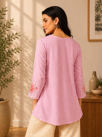 Qazmi Women's Kashmiri A-Line Light Pink Kurti