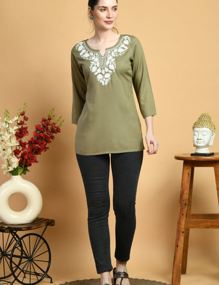 Olive Off White Short Kurti For Women