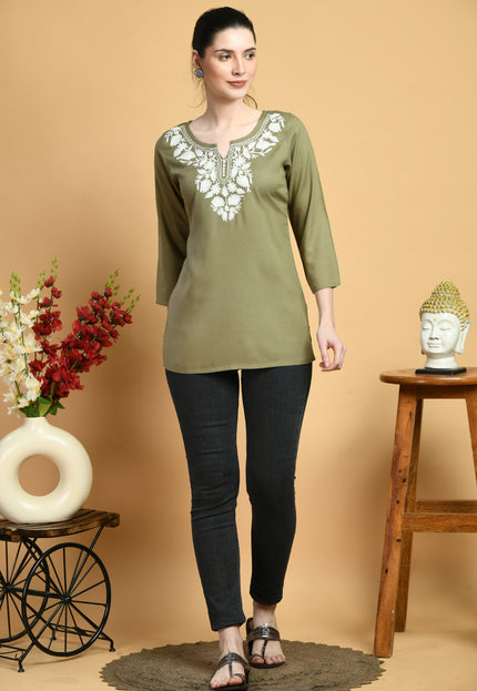 Olive Off White Short Kurti For Women