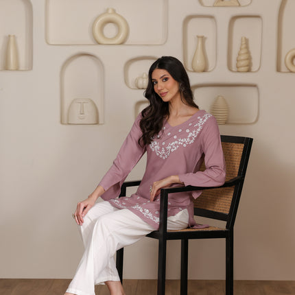 Qazmi Women's Aari Embroidered Viscose Rayon Full Sleeves Straight Kurti