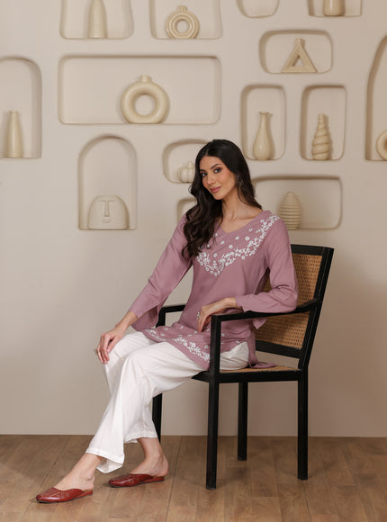 Qazmi Women's Aari Embroidered Viscose Rayon Full Sleeves Straight Kurti