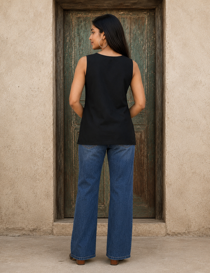 Black Self Sleeveless Aari Short Kurti For Women