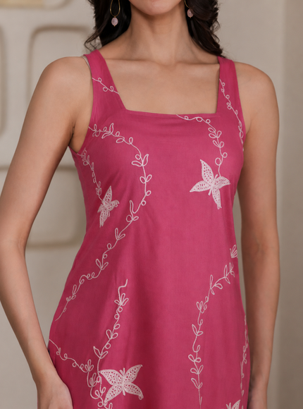 Qazmi Women Embroidered Viscose Rayon Sleeveless Kurti with Square Neck & Tie-Up Back