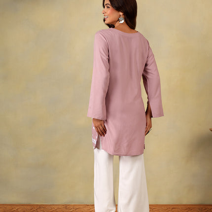 Qazmi Women's Aari Embroidered Viscose Rayon Full Sleeves Straight Kurti