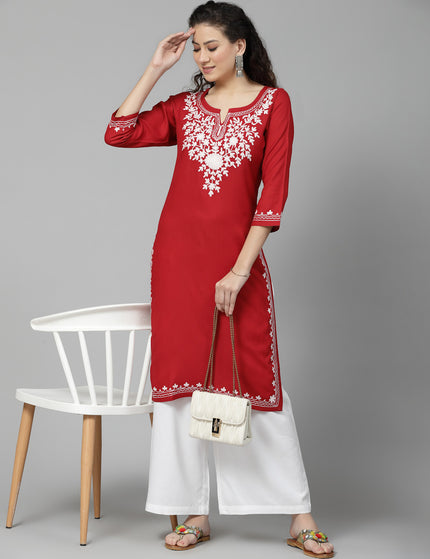 Red Offwhite Aari Long Kurti For Women