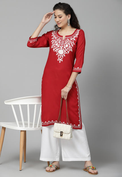 Red Offwhite Aari Long Kurti For Women