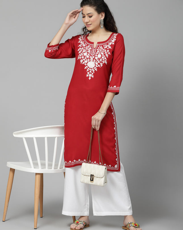 Red Offwhite Aari Long Kurti For Women